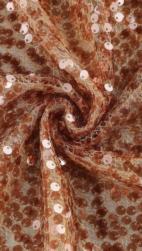 BROWN HIGH SPLIT SEQUIN DRAPE MAXI DRESS