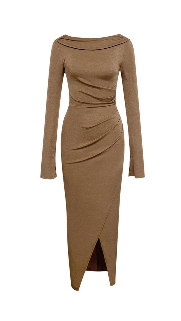 AIIZIE BROWN PLEATED LONG-SLEEVE SLIT MAXI DRESS - product image