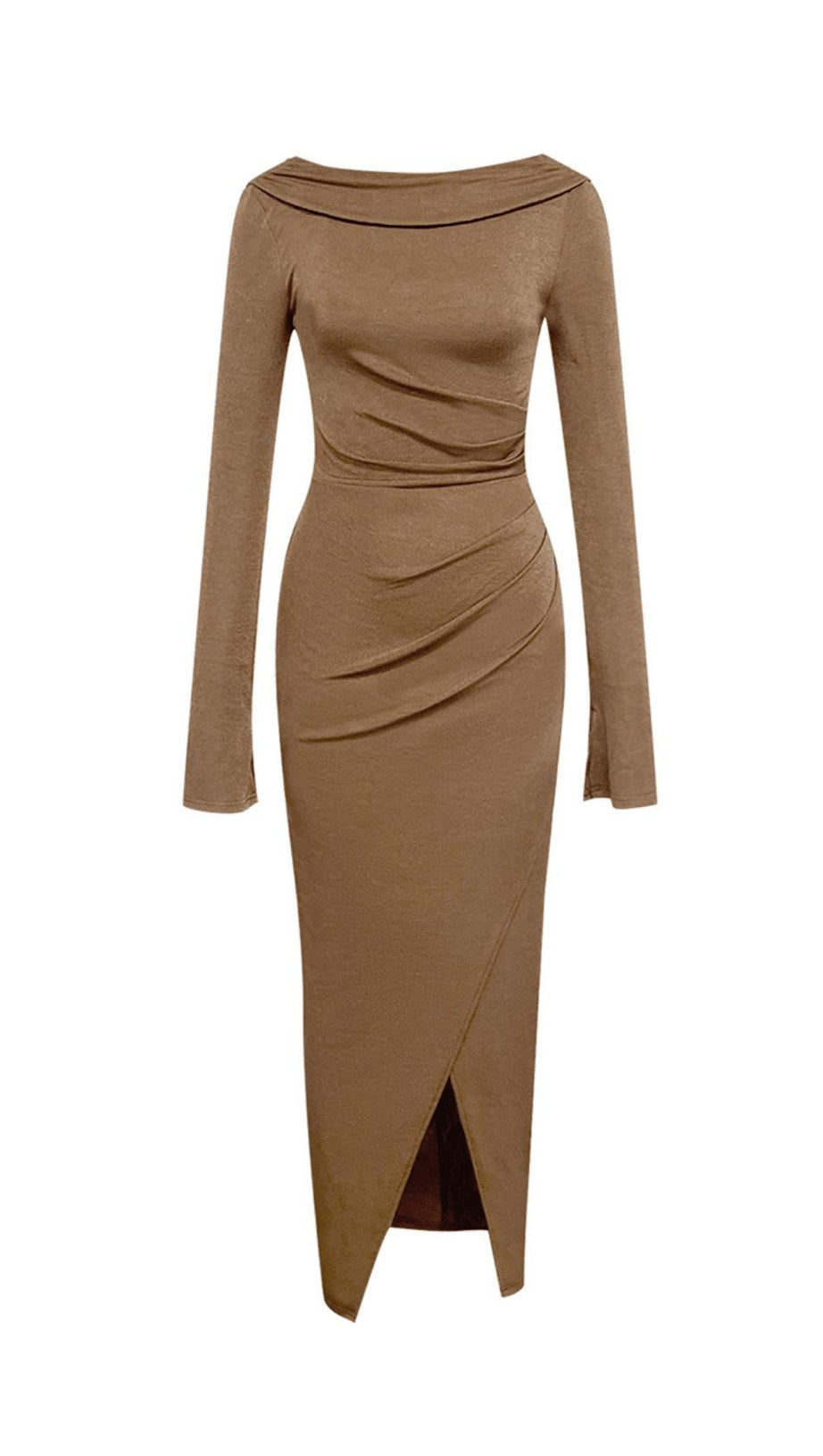 BROWN PLEATED LONG-SLEEVE SLIT MAXI DRESS