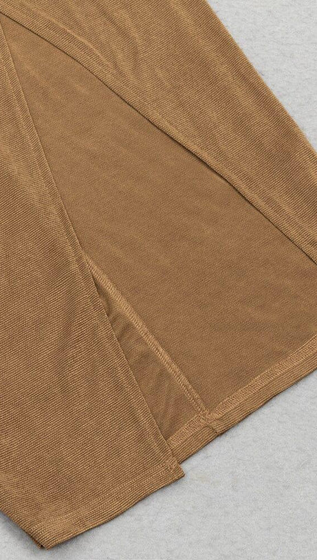 BROWN PLEATED LONG-SLEEVE SLIT MAXI DRESS