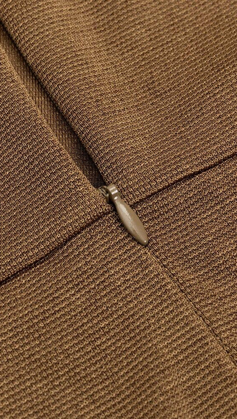 BROWN PLEATED LONG-SLEEVE SLIT MAXI DRESS