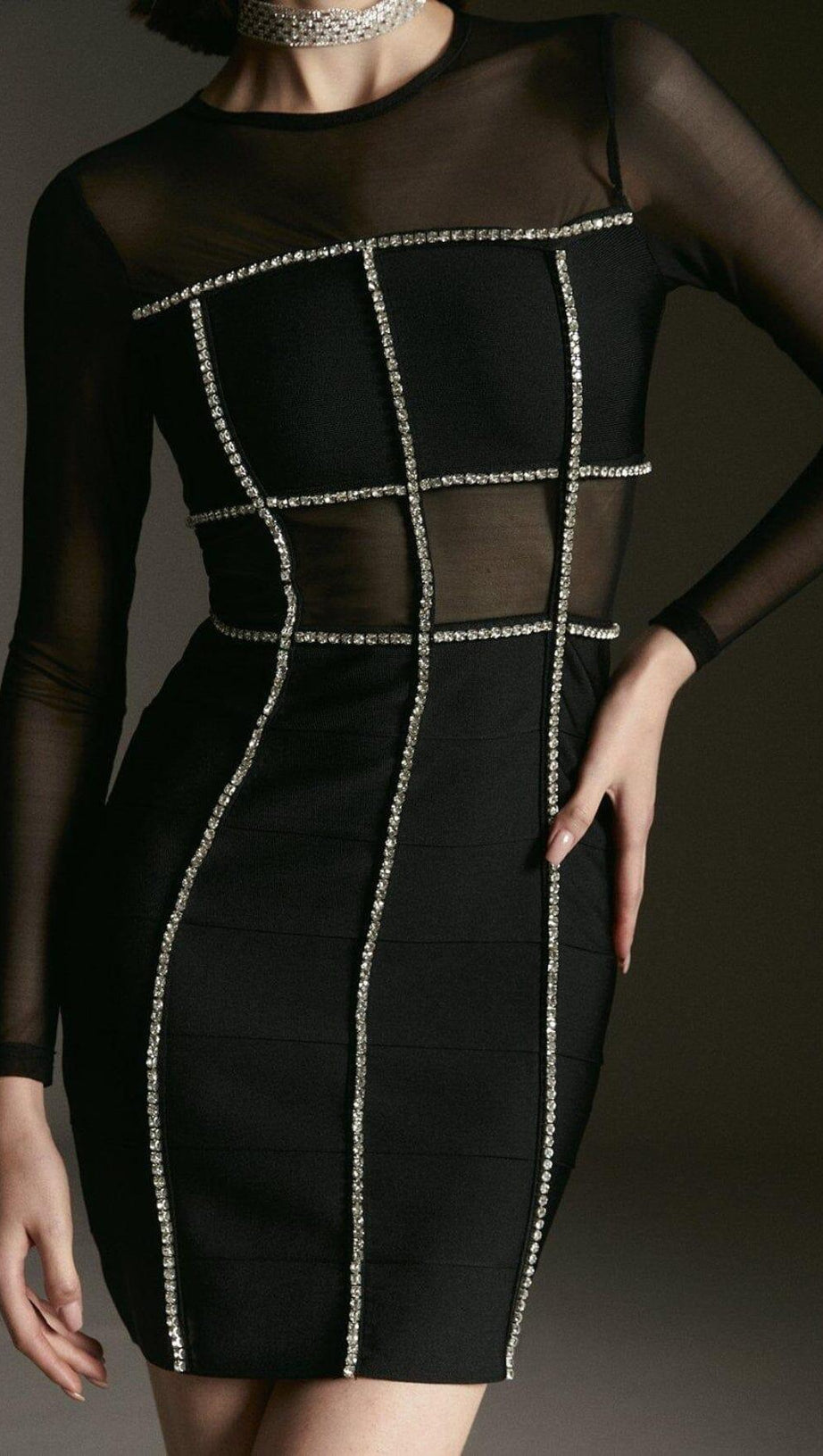 BANDAGE CUT OUT MESH KNITTED MINI DRESS