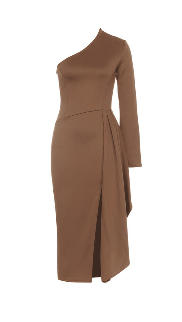 AIIZIE BROWN RUFFLED SLIT SHOULDER WAIST MIDI DRESS - product image