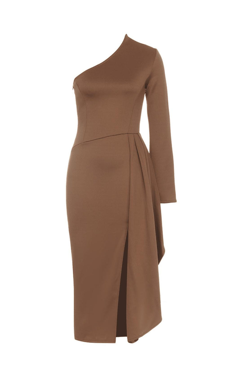 BROWN RUFFLED SLIT SHOULDER WAIST MIDI DRESS