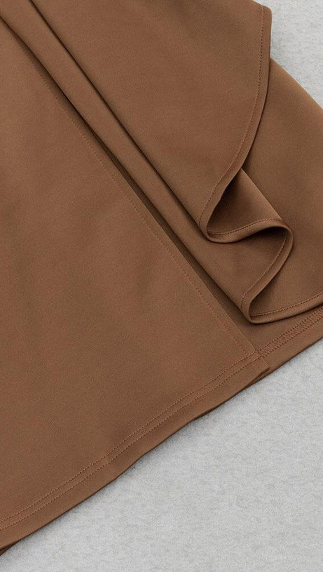 BROWN RUFFLED SLIT SHOULDER WAIST MIDI DRESS