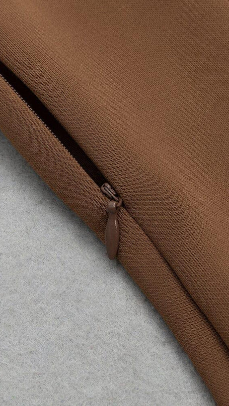 BROWN RUFFLED SLIT SHOULDER WAIST MIDI DRESS