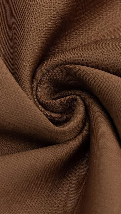 BROWN RUFFLED SLIT SHOULDER WAIST MIDI DRESS