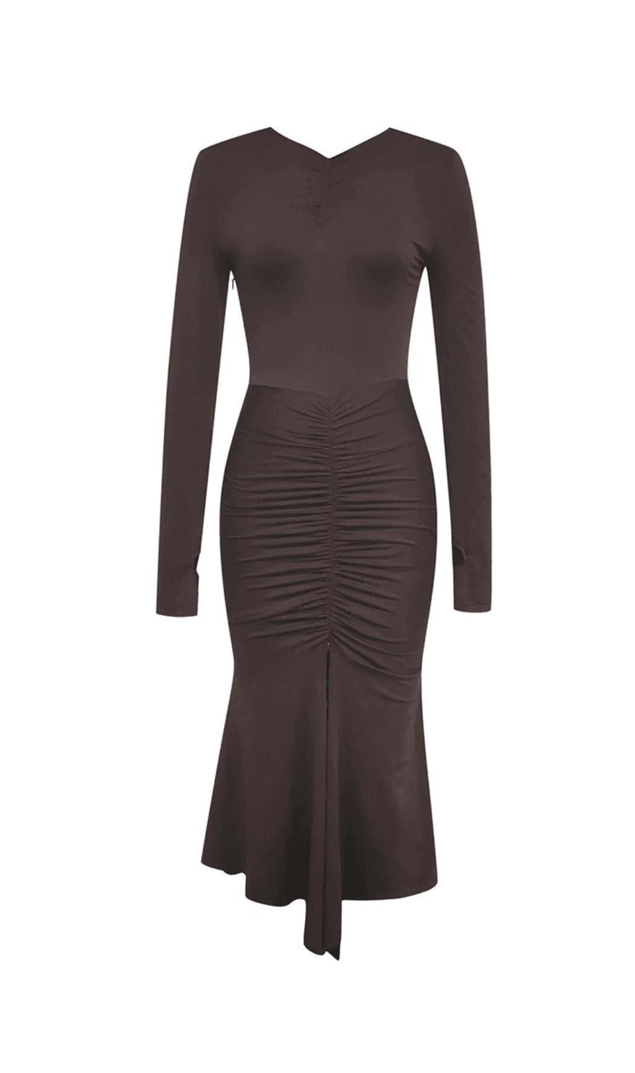 ABITO MIDI MARRONE CON SPACCHI E RUCHES