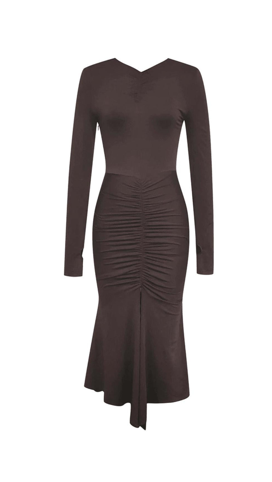 BROWN SLIT RUCHED MIDI DRESS