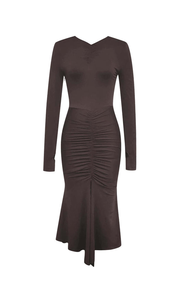 BROWN SLIT RUCHED MIDI DRESS