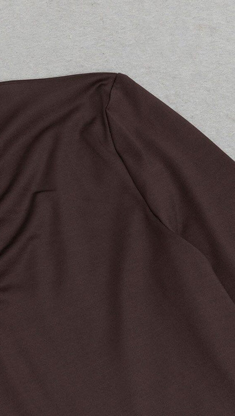 BROWN SLIT RUCHED MIDI DRESS