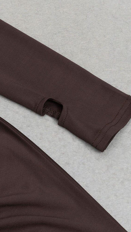 BROWN SLIT RUCHED MIDI DRESS