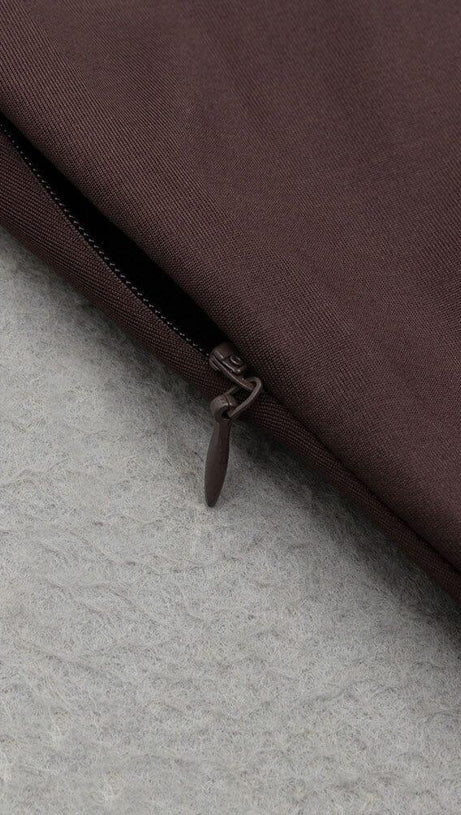 BROWN SLIT RUCHED MIDI DRESS