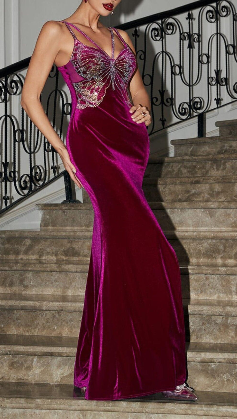 BUTTERFLY RHINESTONE VELVET DRESS