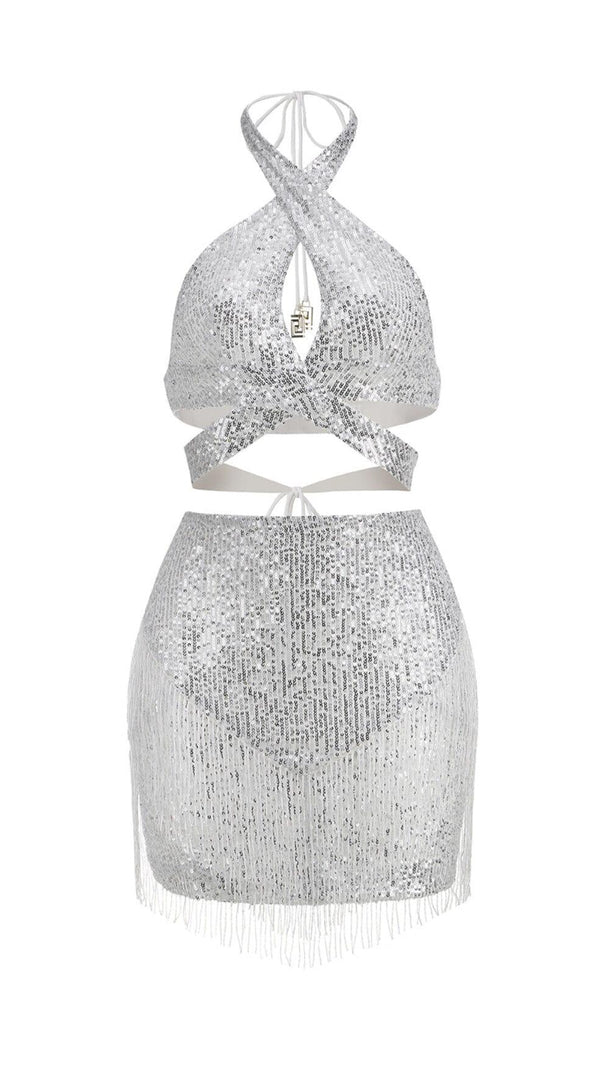 AIIZIE SEQUIN TASSEL BACKLESS MINI DRESS IN SILVER - product image