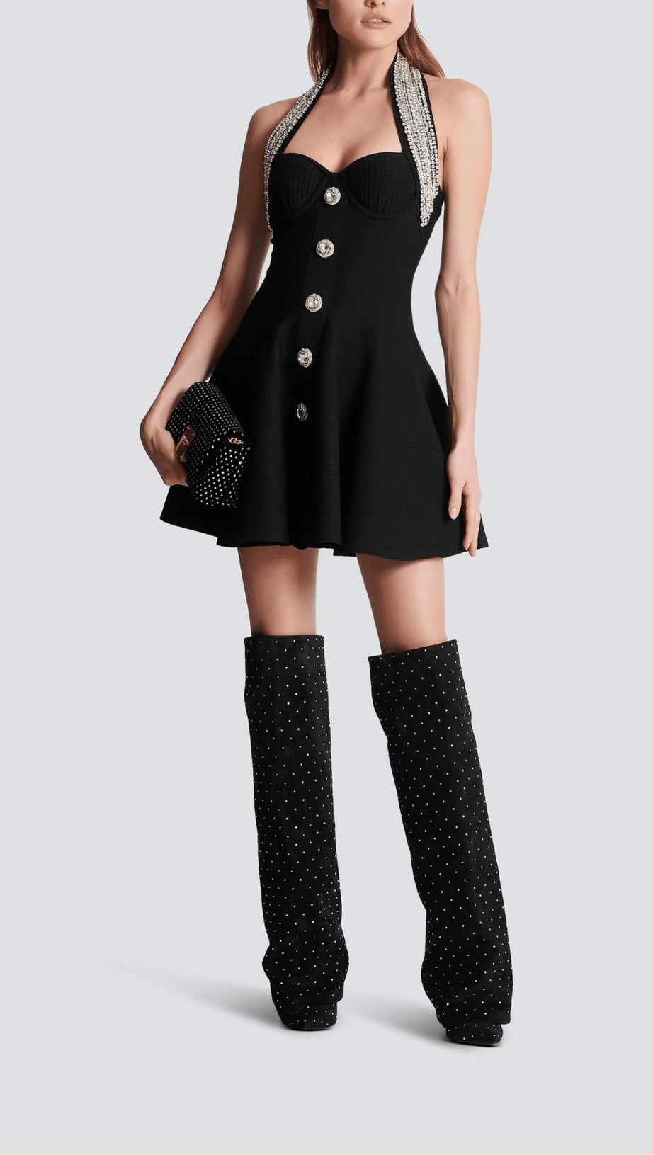 EMBELLISHED METALLIC TWEED HALTERNECK MINI DRESS