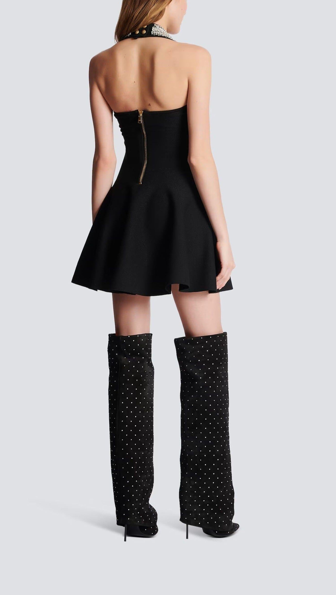 EMBELLISHED METALLIC TWEED HALTERNECK MINI DRESS