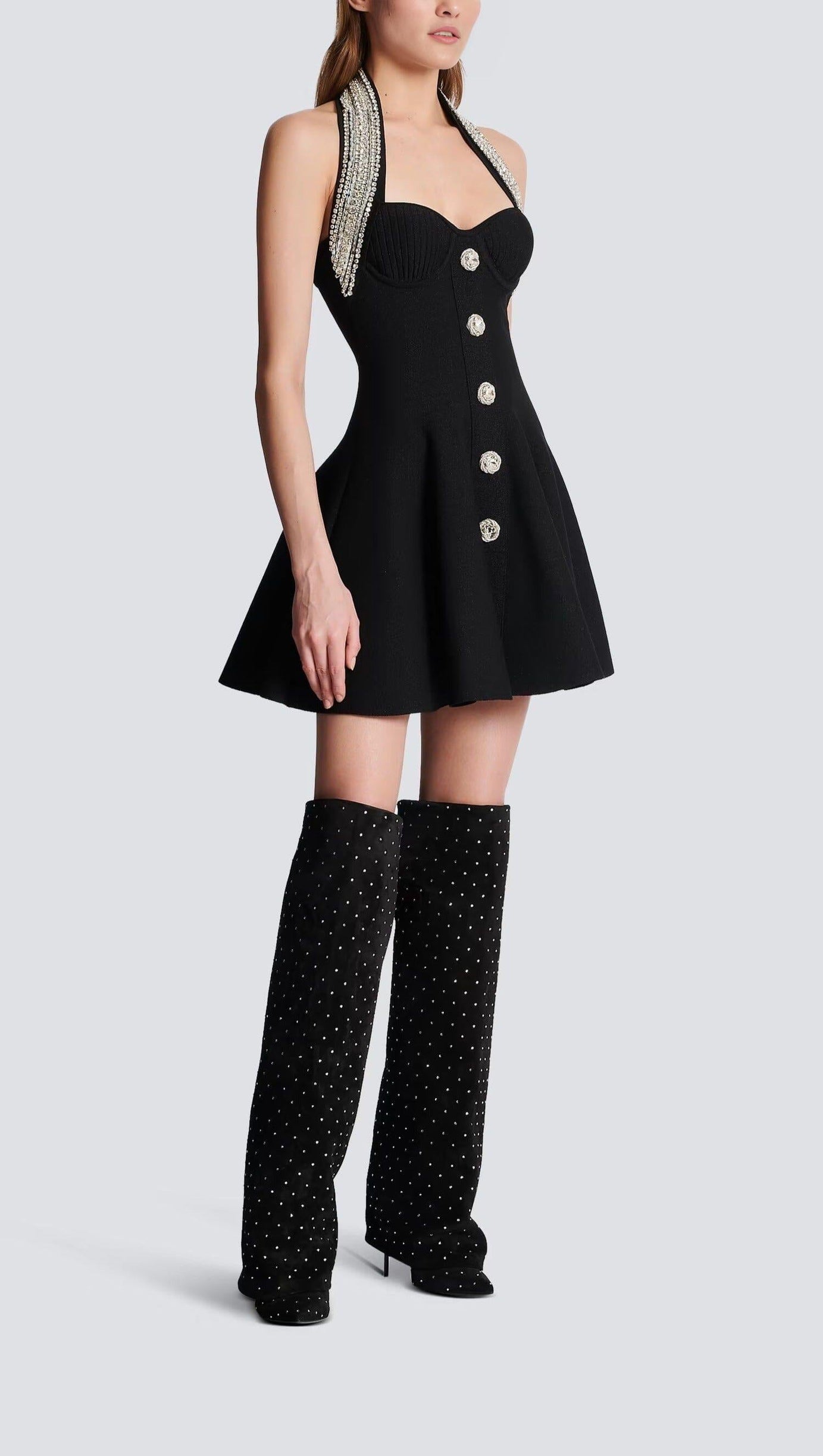 EMBELLISHED METALLIC TWEED HALTERNECK MINI DRESS