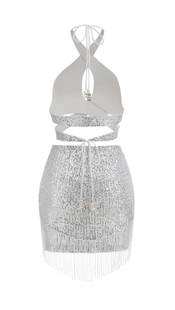AIIZIE SEQUIN TASSEL BACKLESS MINI DRESS IN SILVER - product image