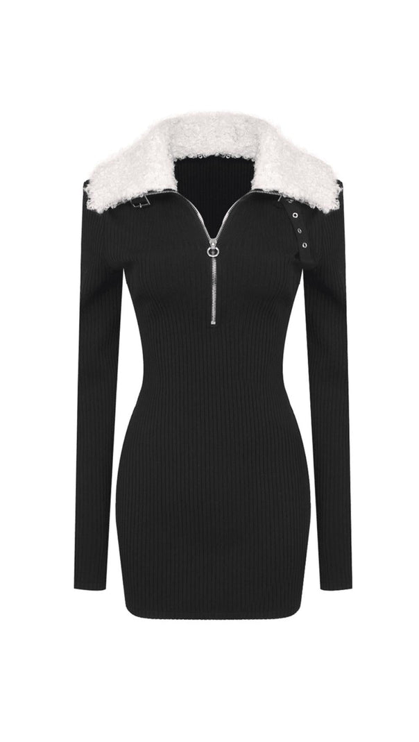 AIIZIE FLUFFY COLLARED ZIP DETAILED KNIT MINI DRESS - product image