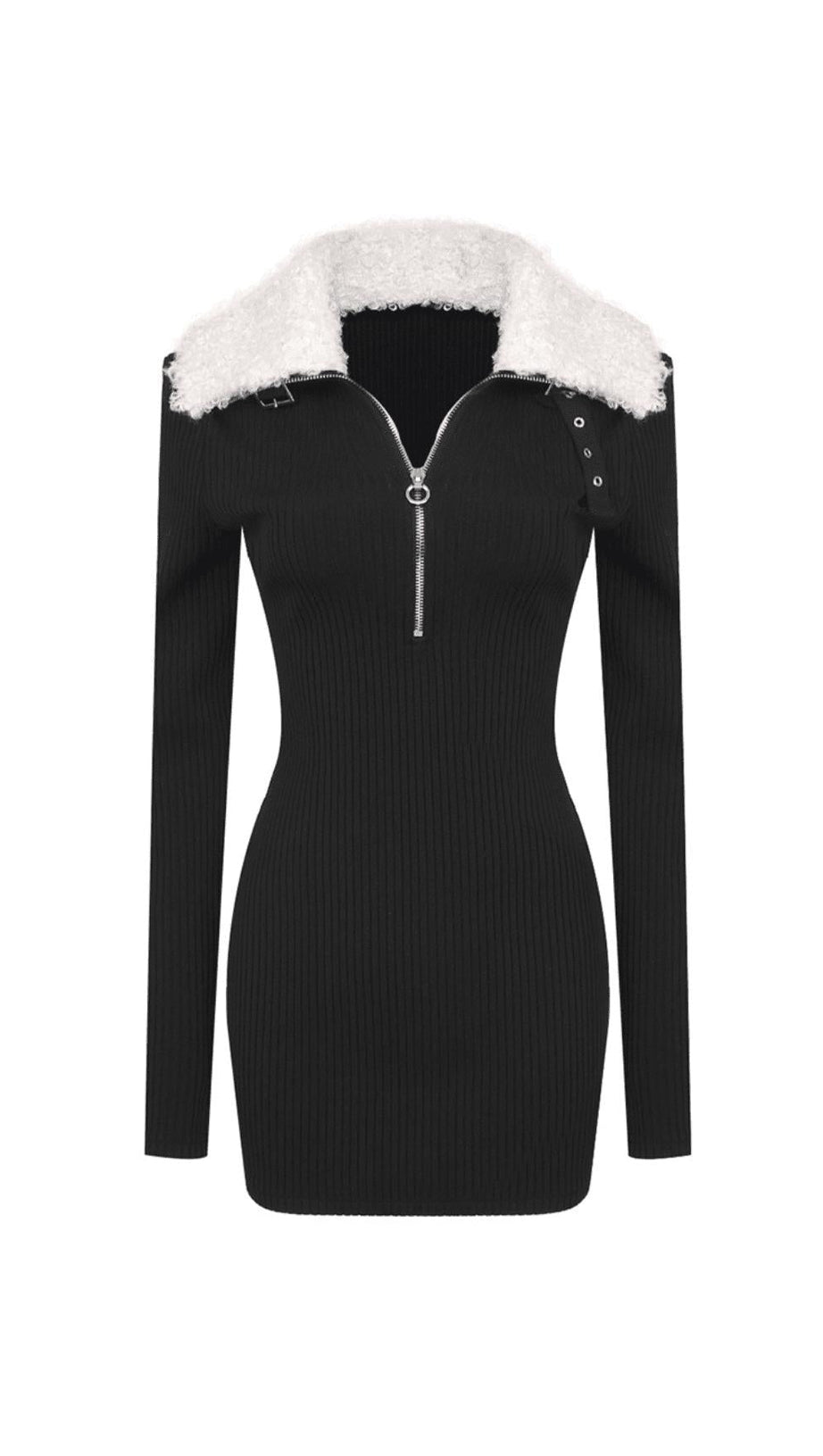 FLUFFY COLLARED ZIP DETAILED KNIT MINI DRESS