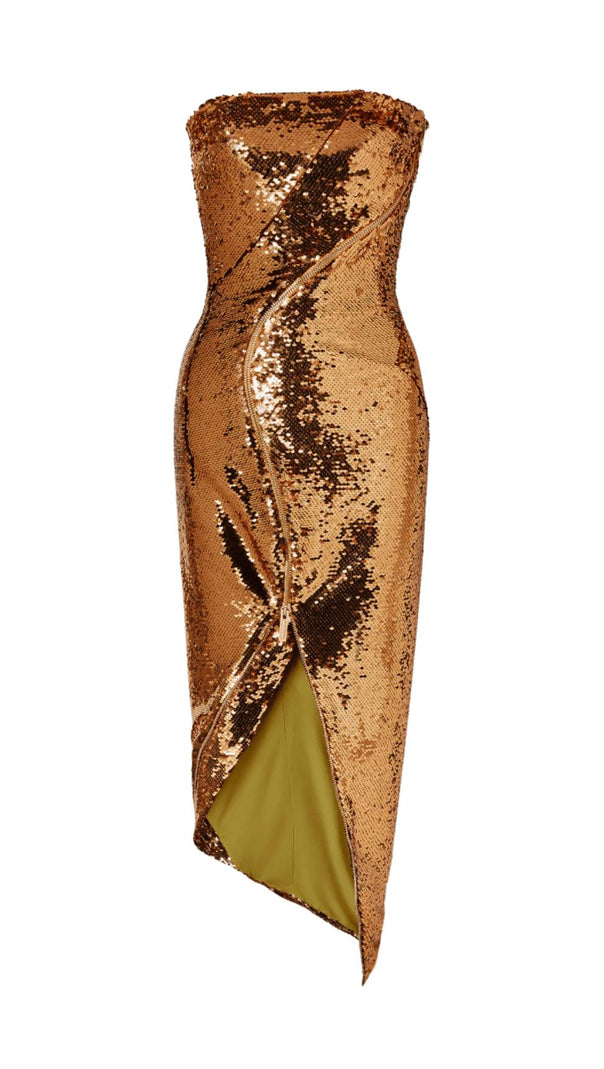 AIIZIE GOLD ASYMMETRIC STRAPLESS SEQUIN MIDI DRESS - product image