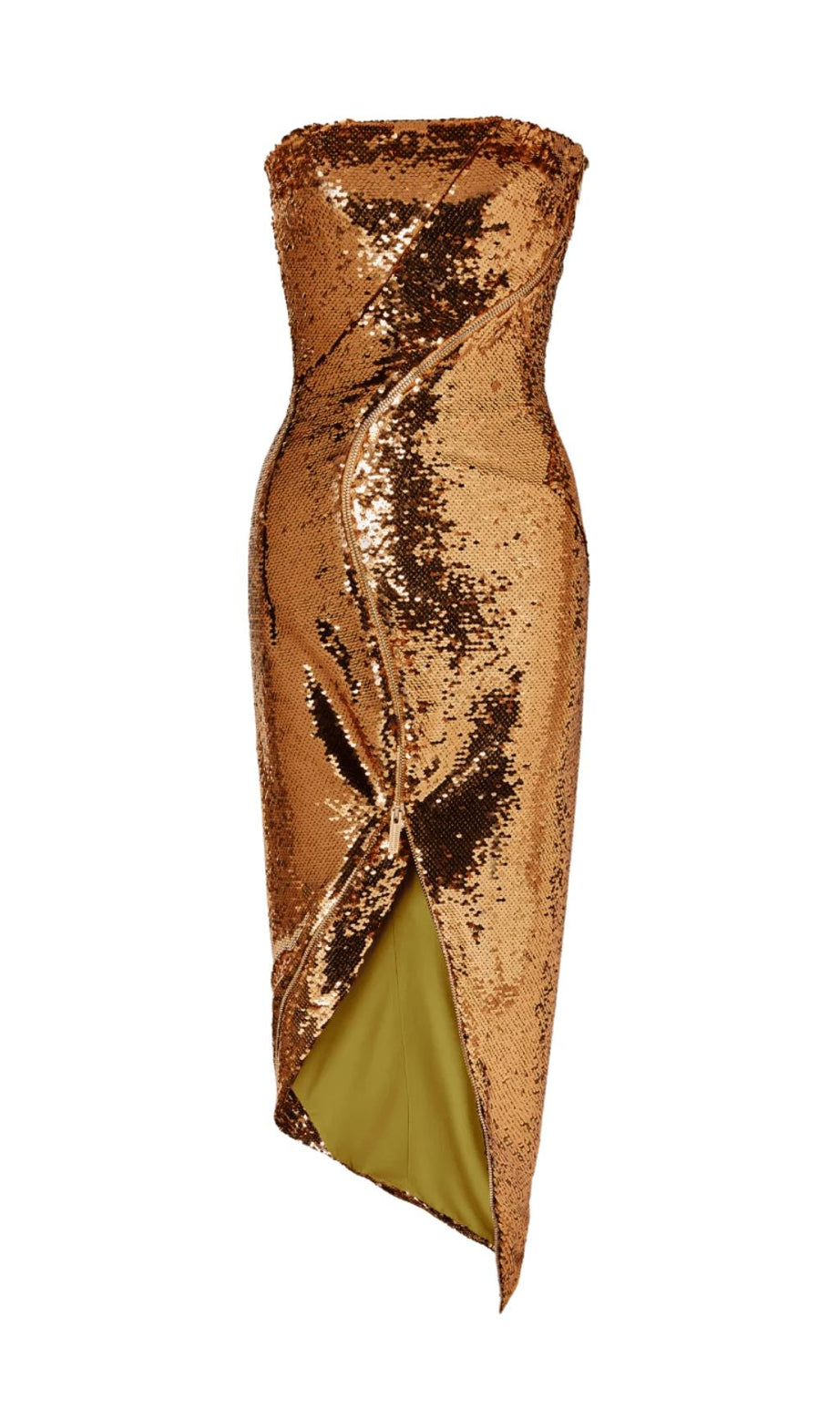 ABITO MIDI ASIMMETRICO SENZA SPALLINE CON PAILLETTES ORO 