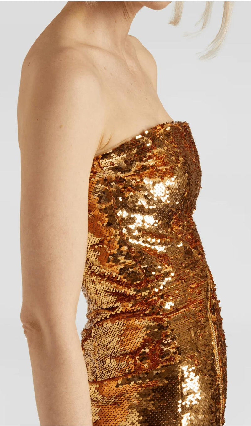 GOLD ASYMMETRIC STRAPLESS SEQUIN MIDI DRESS