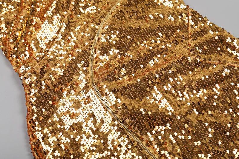 ABITO MIDI ASIMMETRICO SENZA SPALLINE CON PAILLETTES ORO 