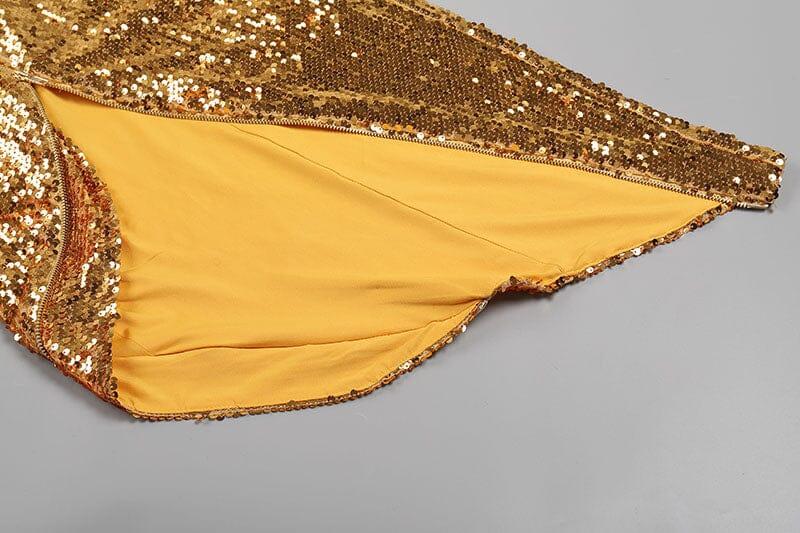 ABITO MIDI ASIMMETRICO SENZA SPALLINE CON PAILLETTES ORO 