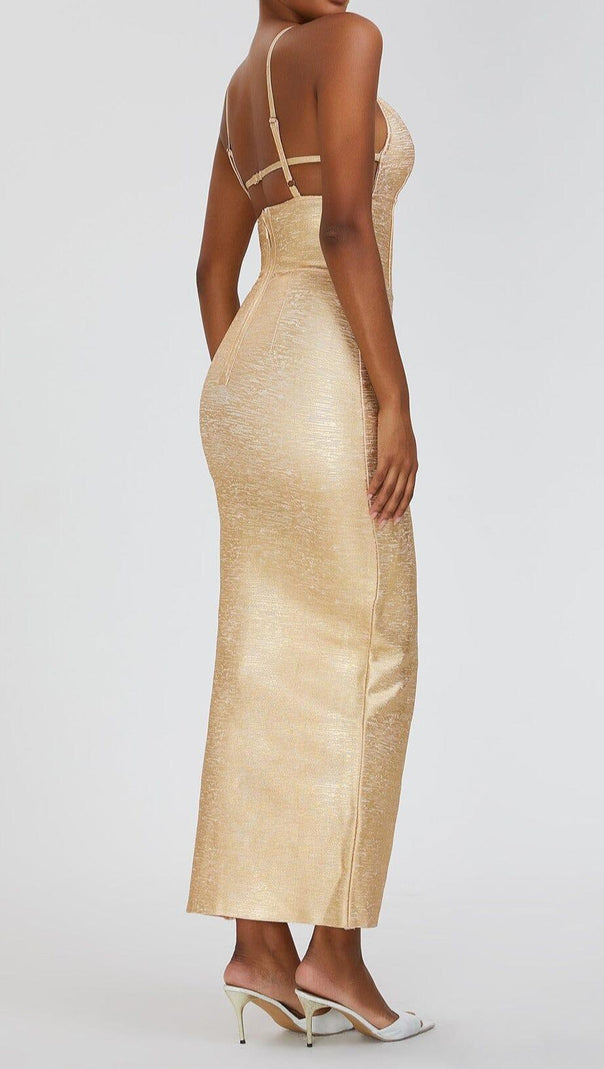 AIIZIE GOLD SLIT BACKLESS SLIP MAXI DRESS - product image