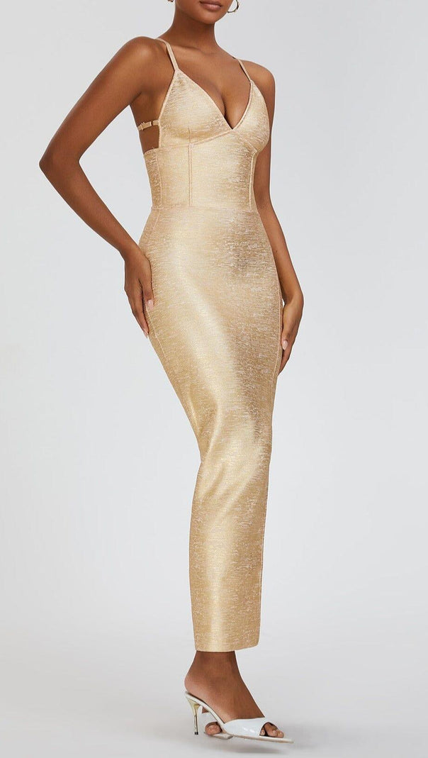 AIIZIE GOLD SLIT BACKLESS SLIP MAXI DRESS - product image