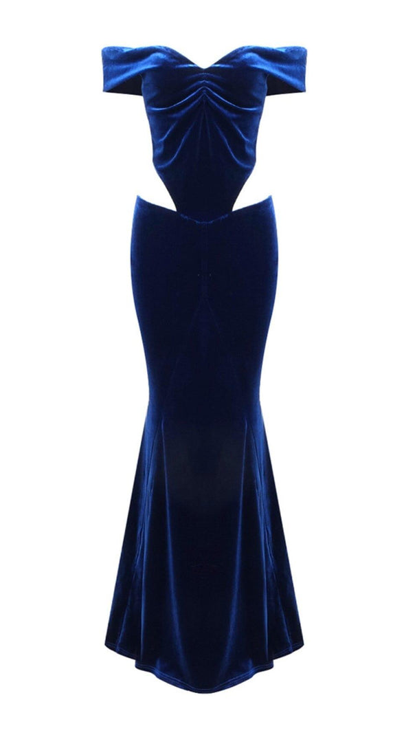 AIIZIE OFF SHOULDER WAIST HOLLOW VELVET MAXI DRESS IN BLUE - product image