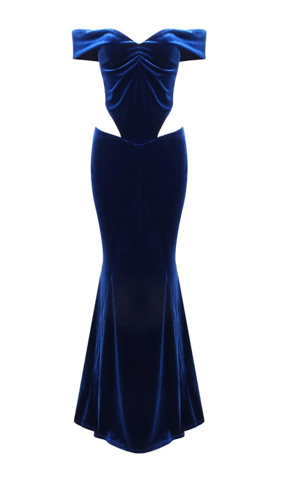 OFF SHOULDER WAIST HOLLOW VELVET MAXI DRESS IN BLUE