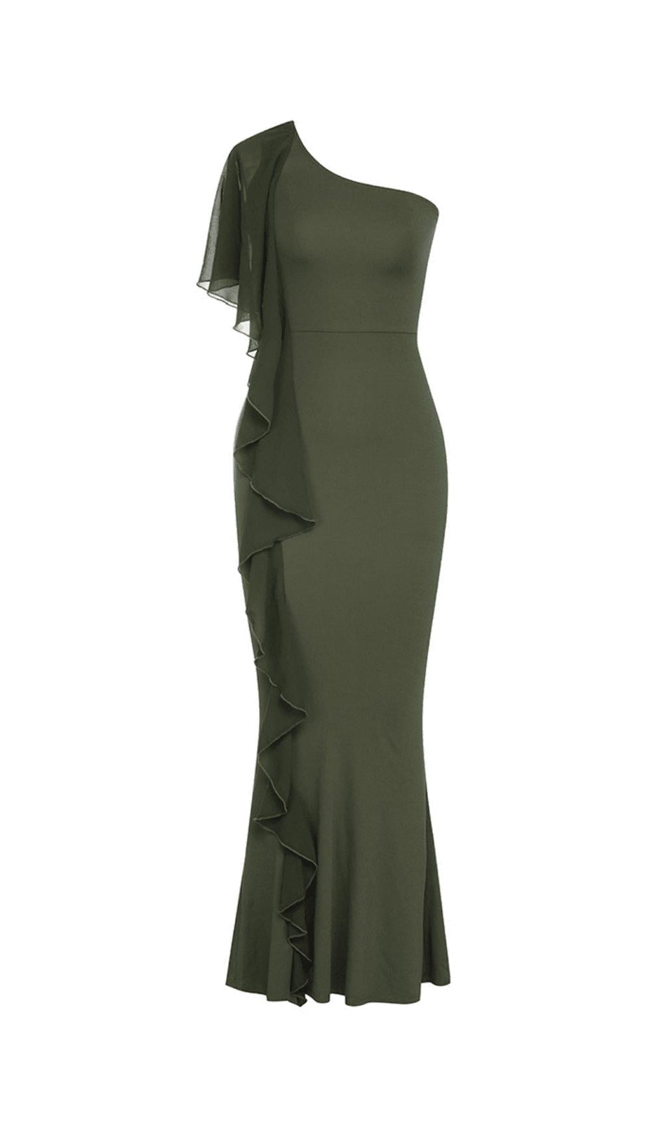 GRÜNES KLEID MIT EINER SCHULTER UND RÜSCHENBESATZ