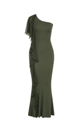 GREEN ONE SHOULDER RUFFLE TRIM DRESS