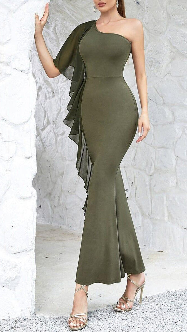 AIIZIE GREEN ONE SHOULDER RUFFLE TRIM DRESS - product image