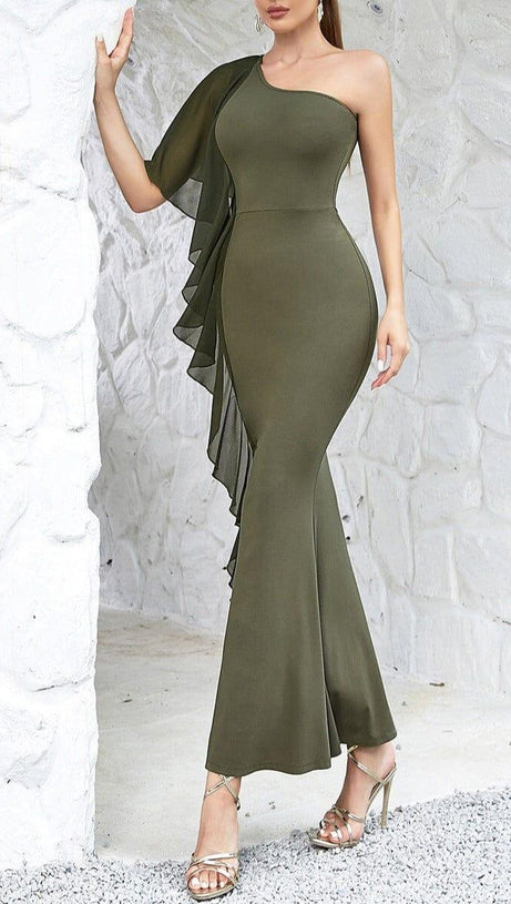 GREEN ONE SHOULDER RUFFLE TRIM DRESS