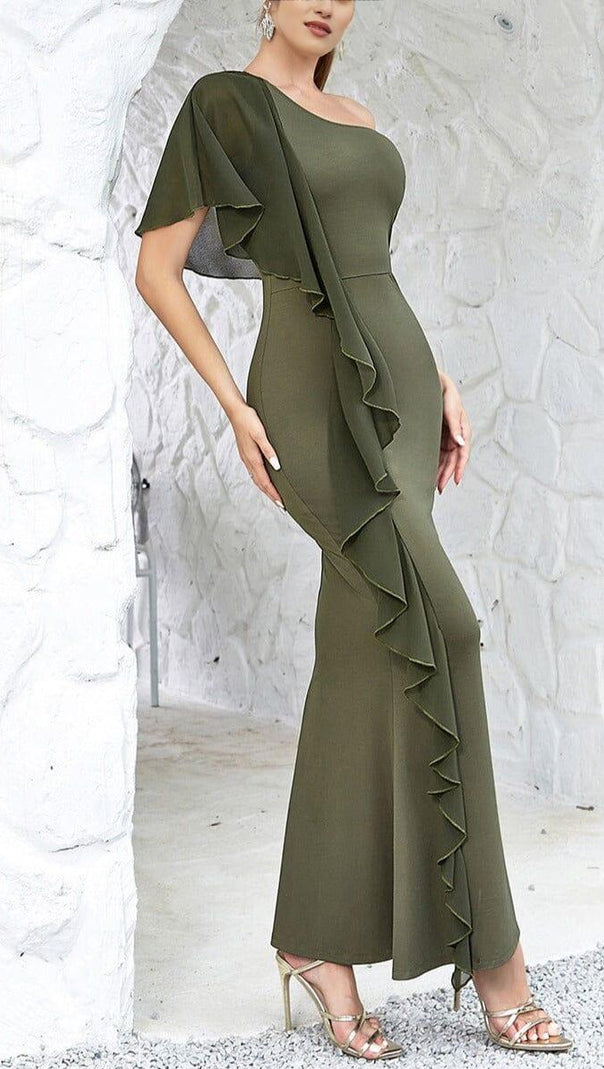 AIIZIE GREEN ONE SHOULDER RUFFLE TRIM DRESS - product image