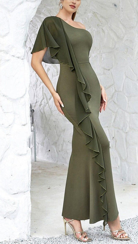 GREEN ONE SHOULDER RUFFLE TRIM DRESS