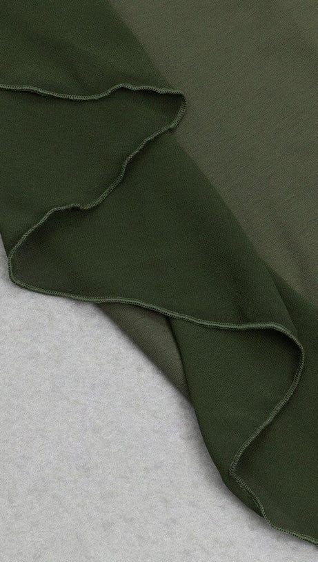 GREEN ONE SHOULDER RUFFLE TRIM DRESS