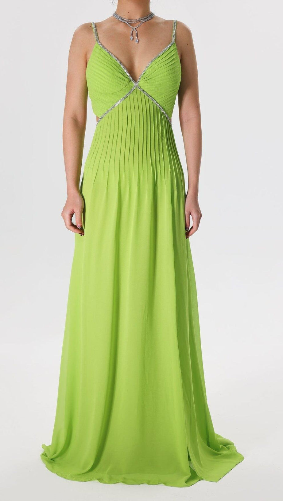 GREEN PLEATED SLIT MAXI DRESS