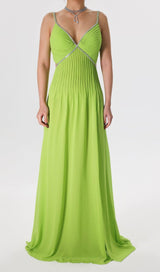 GREEN PLEATED SLIT MAXI DRESS