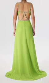 GREEN PLEATED SLIT MAXI DRESS