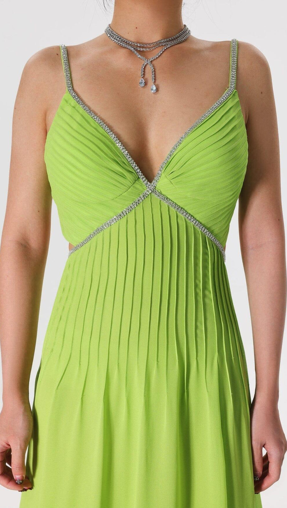 GREEN PLEATED SLIT MAXI DRESS