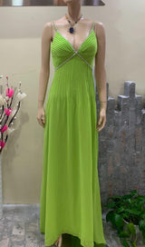 GREEN PLEATED SLIT MAXI DRESS