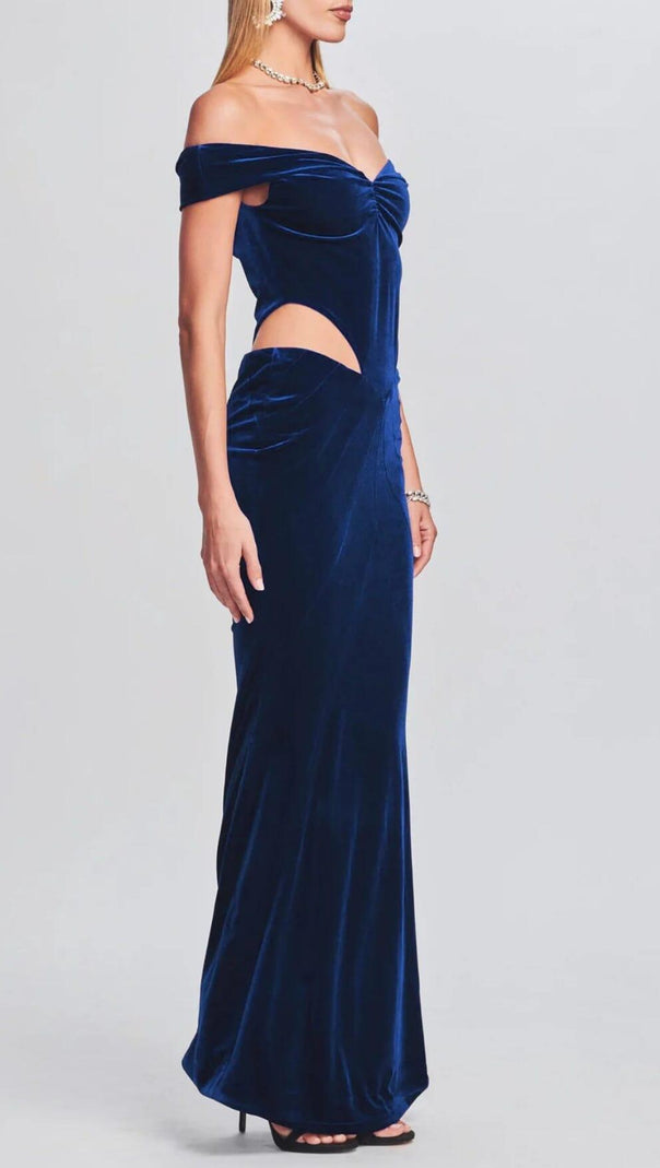 AIIZIE OFF SHOULDER WAIST HOLLOW VELVET MAXI DRESS IN BLUE - product image