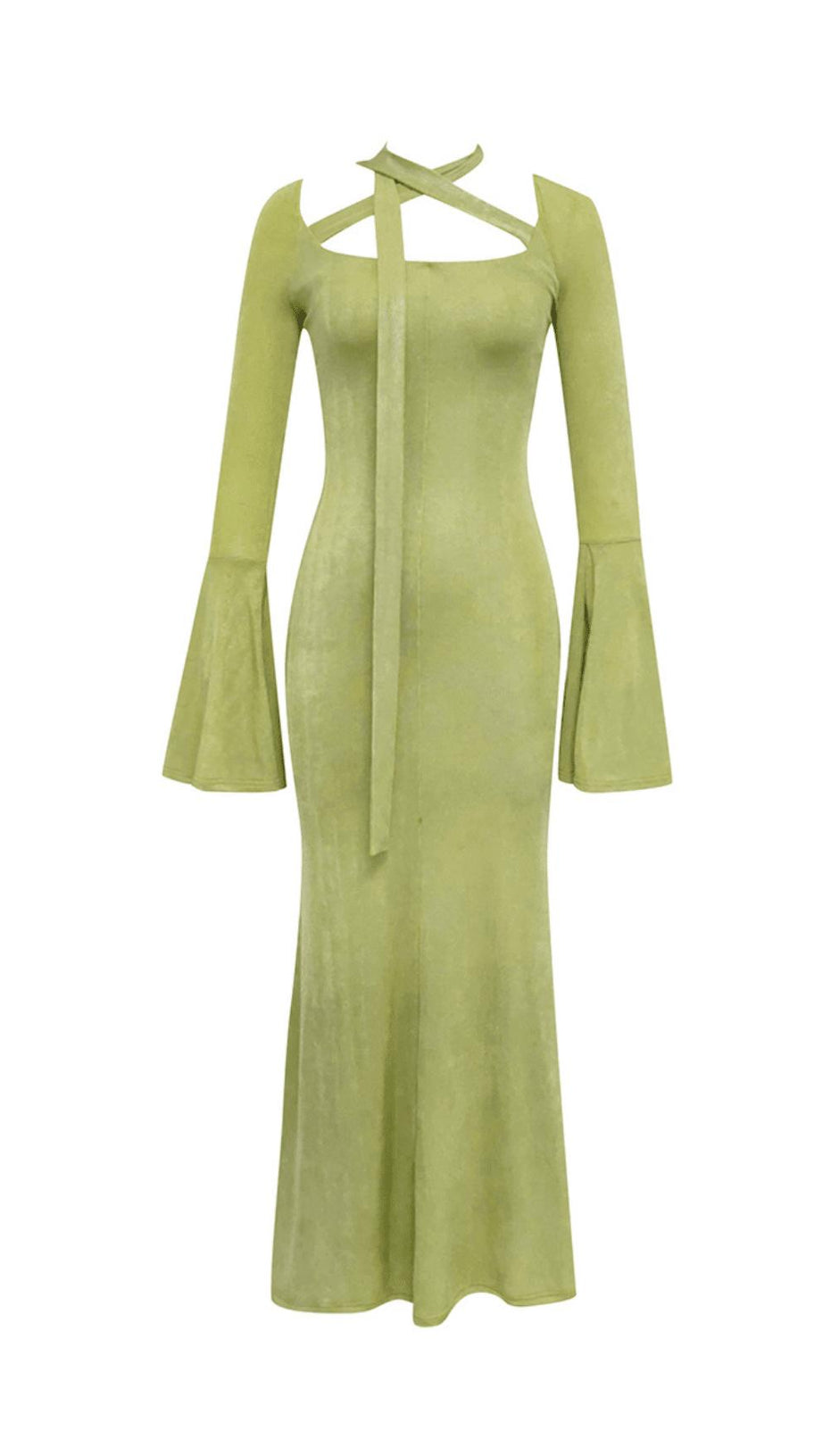 GRÜNES BODYCON-MAXIKLEID MIT TROMPETENÄRMELN