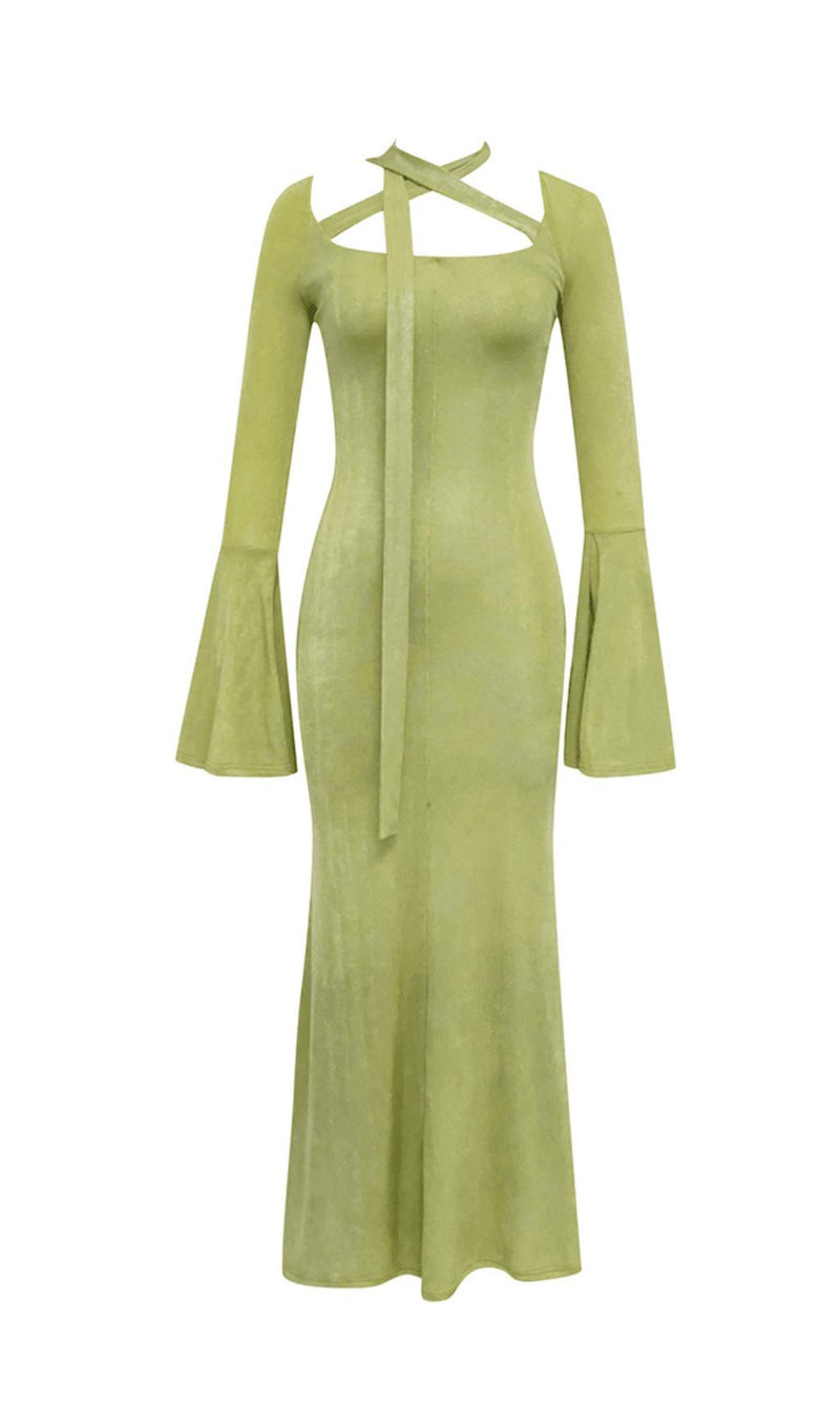 GREEN TRUMPET SLEEVE BODYCON MAXI DRESS