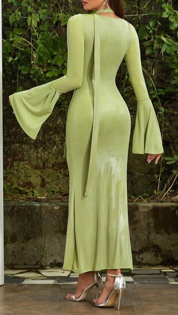 AIIZIE GREEN TRUMPET SLEEVE BODYCON MAXI DRESS - product image